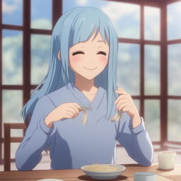 A high-quality digital art image of Kasumi Miwa smiling with closed eyes, eating noodles from a cup with chopsticks