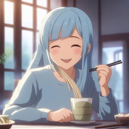 A high-quality digital art image of Kasumi Miwa smiling with closed eyes, eating noodles from a cup with chopsticks