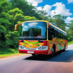 A high-quality photograph capturing the essence of a Sri Lankan highway bus