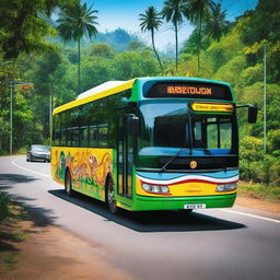 A high-quality photograph capturing the essence of a Sri Lankan highway bus