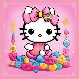 A delightful digital art image featuring Hello Kitty, the iconic character, adorned with Gemini-themed elements