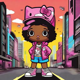 A vibrant digital art image featuring a hip hop version of Hello Kitty represented as a Black girl