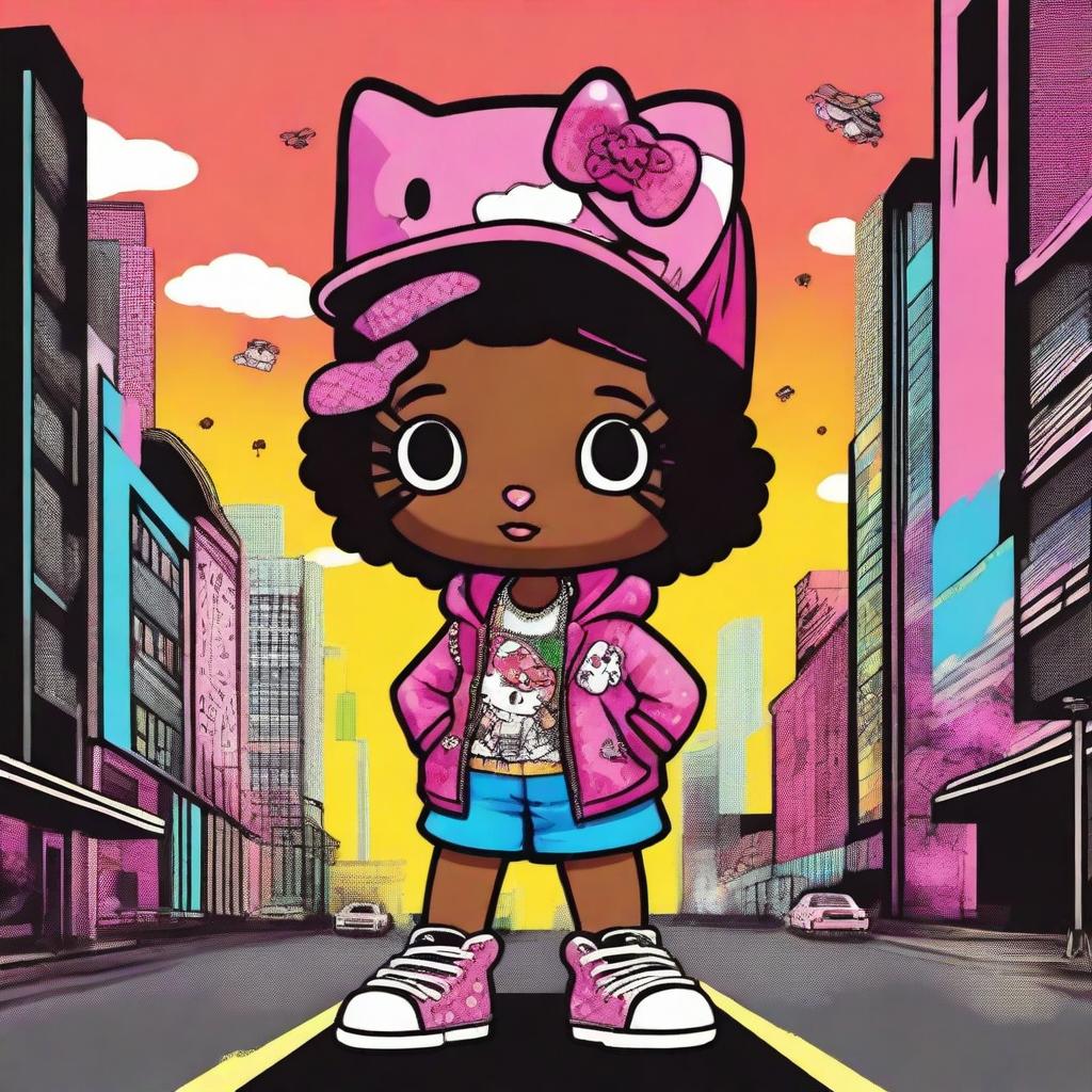 A vibrant digital art image featuring a hip hop version of Hello Kitty represented as a Black girl