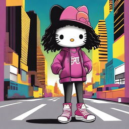 A vibrant digital art image featuring a hip hop version of Hello Kitty represented as a Black girl