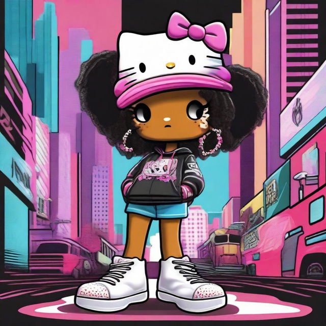 A vibrant digital art image featuring a hip hop version of Hello Kitty represented as a Black girl