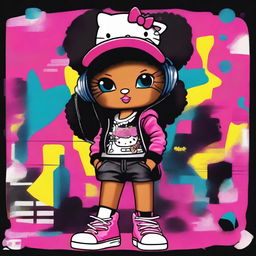 A vibrant digital art image featuring a hip hop version of Hello Kitty represented as a Black girl