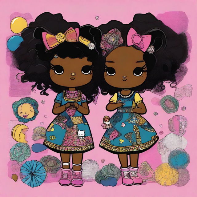 An engaging digital art image showcasing a pair of Hello Kitty characters represented as Black girls, signifying the Gemini twins