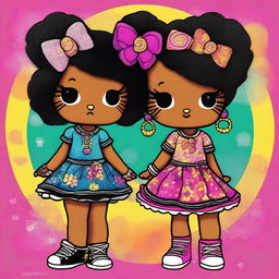 An engaging digital art image showcasing a pair of Hello Kitty characters represented as Black girls, signifying the Gemini twins