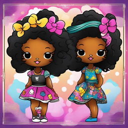 An engaging digital art image showcasing a pair of Hello Kitty characters represented as Black girls, signifying the Gemini twins