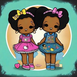 An engaging digital art image showcasing a pair of Hello Kitty characters represented as Black girls, signifying the Gemini twins