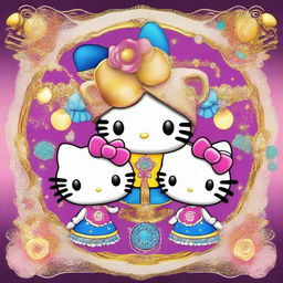 A captivating digital art image illustrating Hello Kitty as Gemini twins