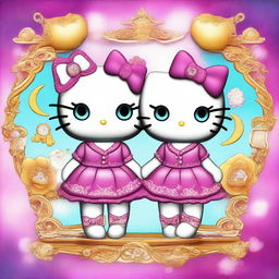 A captivating digital art image illustrating Hello Kitty as Gemini twins