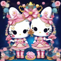 A captivating digital art image illustrating Hello Kitty as Gemini twins