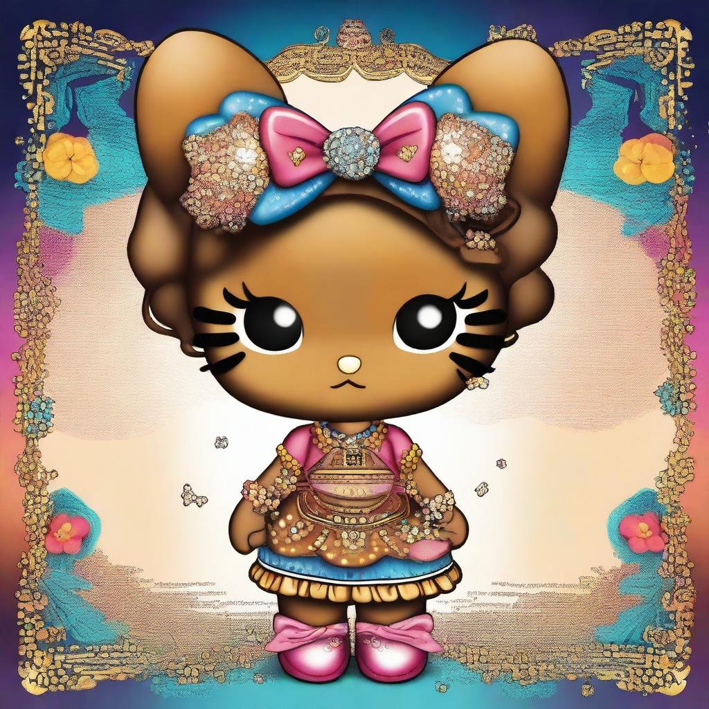 A vibrant digital art image depicting Hello Kitty as Gemini twins with brown skin