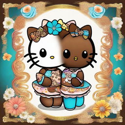 A vibrant digital art image depicting Hello Kitty as Gemini twins with brown skin