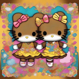 A vibrant digital art image depicting Hello Kitty as Gemini twins with brown skin