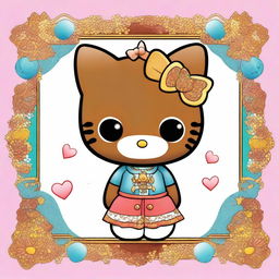 A high-quality digital art image showcasing Hello Kitty as Gemini twins with brown skin, set against a transparent background