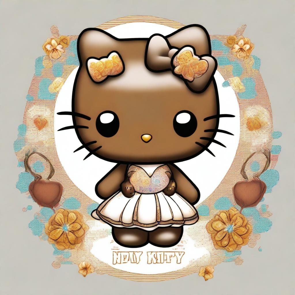 A high-quality digital art image showcasing Hello Kitty as Gemini twins with brown skin, set against a transparent background