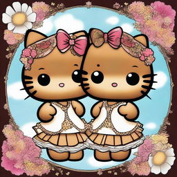 A high-quality digital art image showcasing Hello Kitty as Gemini twins with brown skin, set against a transparent background