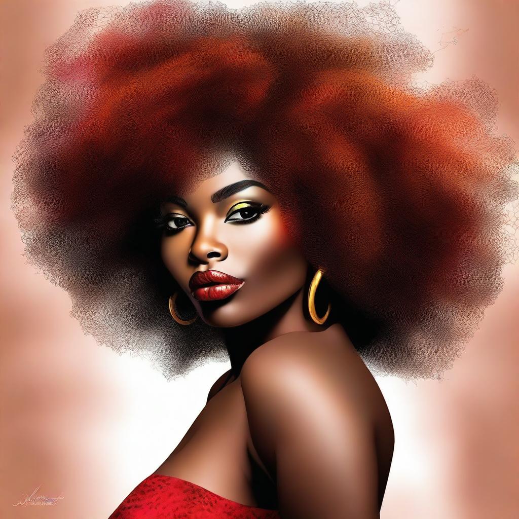 This is a tasteful, high-quality digital art image of a woman with Afro-textured hair, full lips, and a curvaceous figure