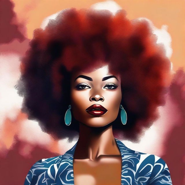 This is a tasteful, high-quality digital art image of a woman with Afro-textured hair, full lips, and a curvaceous figure