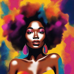 A tastefully crafted, high-quality digital art image featuring a woman with Afro-textured hair, full lips, and a voluptuous figure