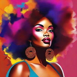 A tastefully crafted, high-quality digital art image featuring a woman with Afro-textured hair, full lips, and a voluptuous figure