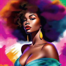 A tastefully crafted, high-quality digital art image featuring a woman with Afro-textured hair, full lips, and a voluptuous figure