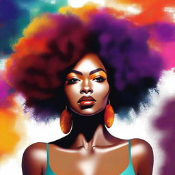 A tastefully crafted, high-quality digital art image featuring a woman with Afro-textured hair, full lips, and a voluptuous figure