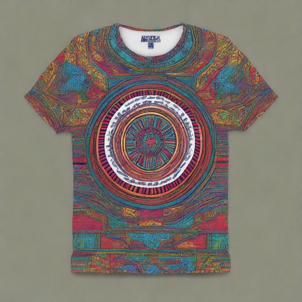 A high-quality digital art image showcasing a t-shirt design infused with cultural patterns