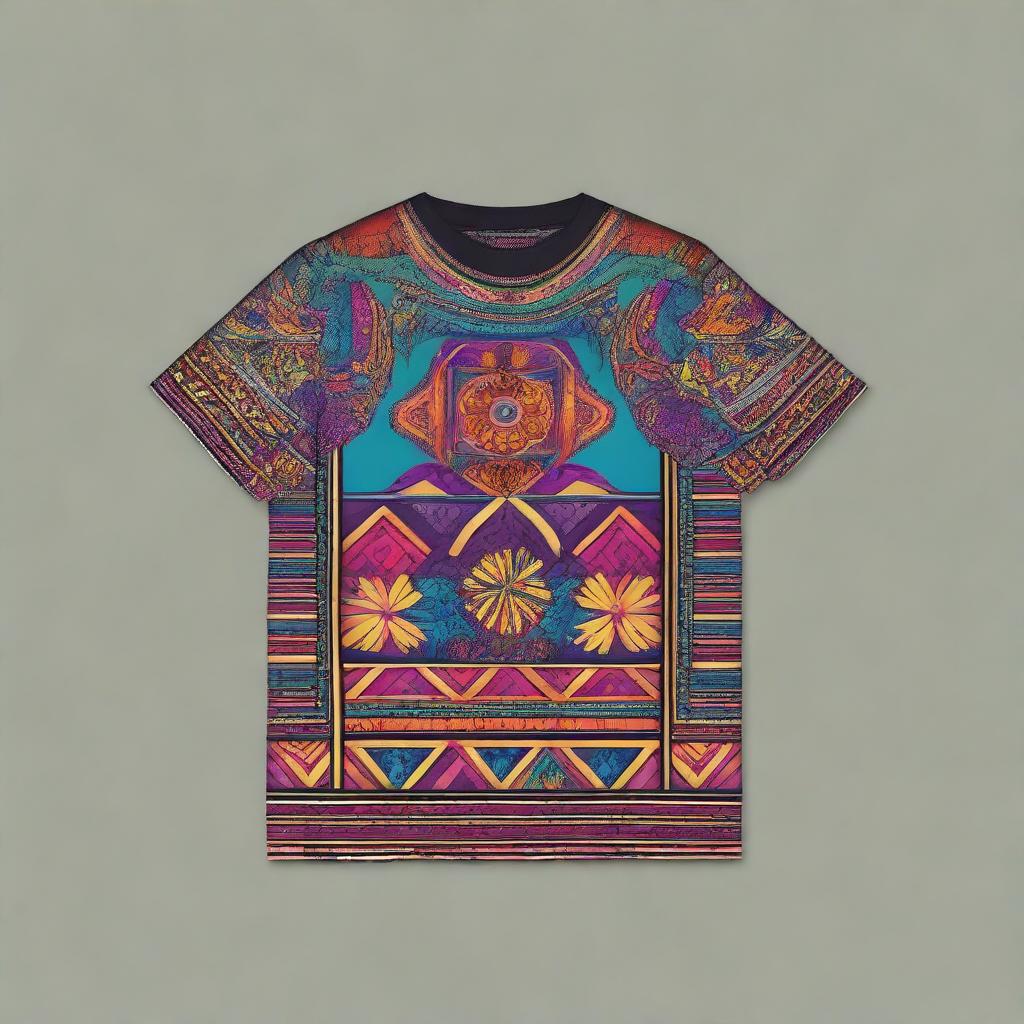 A high-quality digital art image showcasing a t-shirt design infused with cultural patterns