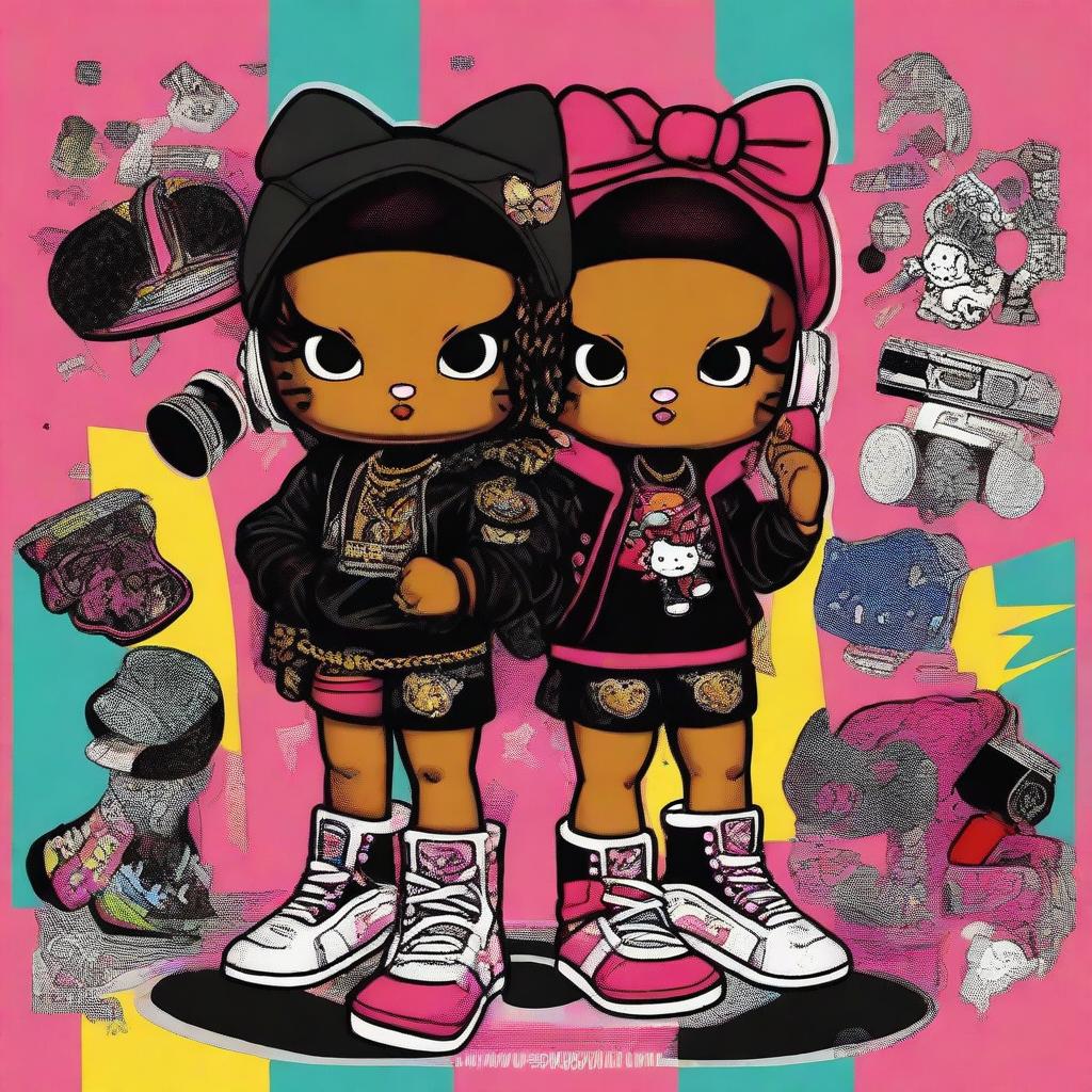 A dynamic digital art image featuring Hello Kitty portrayed as a Black hip hop girl, doubled as Gemini twins