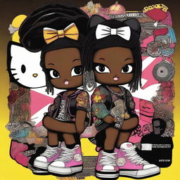 A dynamic digital art image featuring Hello Kitty portrayed as a Black hip hop girl, doubled as Gemini twins