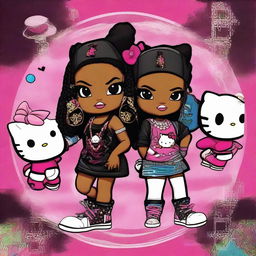 A dynamic digital art image featuring Hello Kitty portrayed as a Black hip hop girl, doubled as Gemini twins