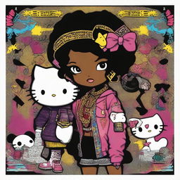 A dynamic digital art image featuring Hello Kitty portrayed as a Black hip hop girl, doubled as Gemini twins