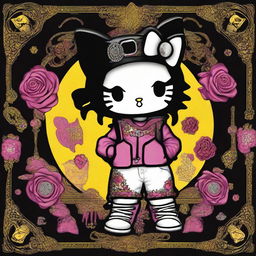 A striking digital art image depicting Hello Kitty as Black hip hop Gemini twins