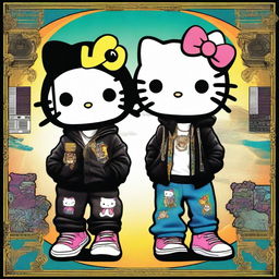 A striking digital art image depicting Hello Kitty as Black hip hop Gemini twins