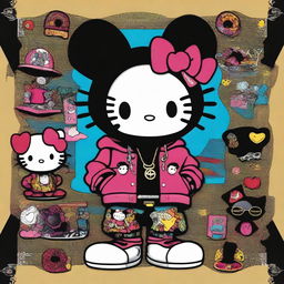 A striking digital art image depicting Hello Kitty as Black hip hop Gemini twins