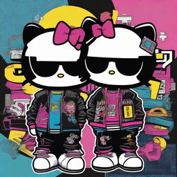 A striking digital art image depicting Hello Kitty as Black hip hop Gemini twins