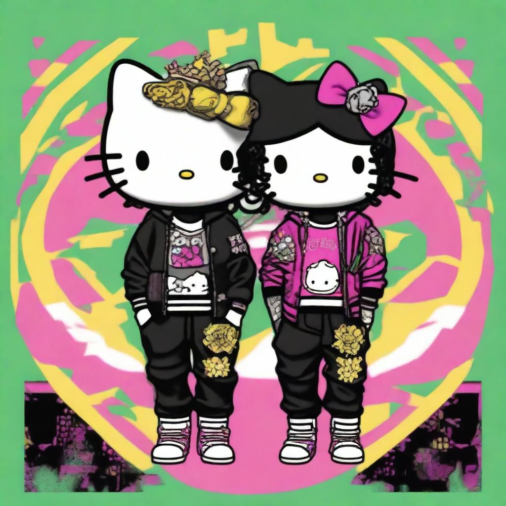 An edgy digital art image showcasing Hello Kitty as stylish Black hip hop Gemini twins