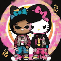 An edgy digital art image showcasing Hello Kitty as stylish Black hip hop Gemini twins