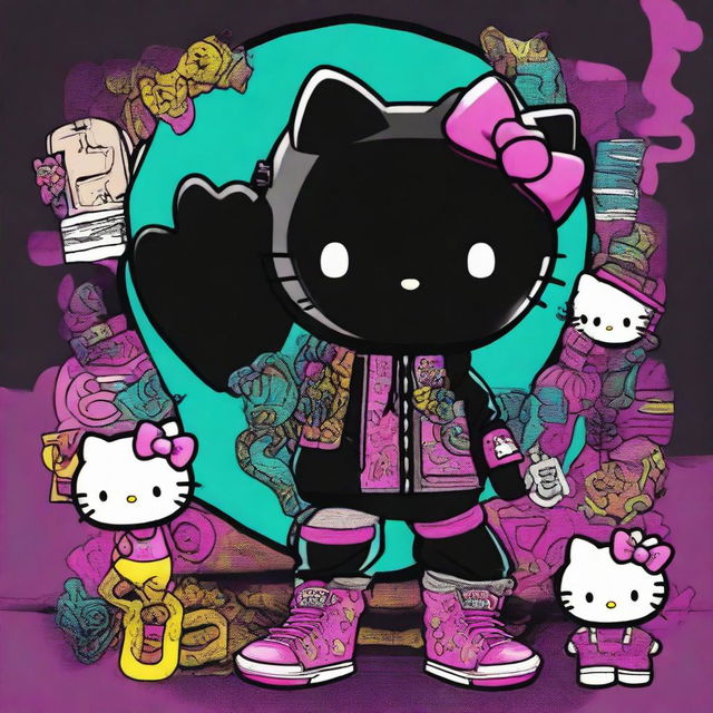 An edgy digital art image showcasing Hello Kitty as stylish Black hip hop Gemini twins