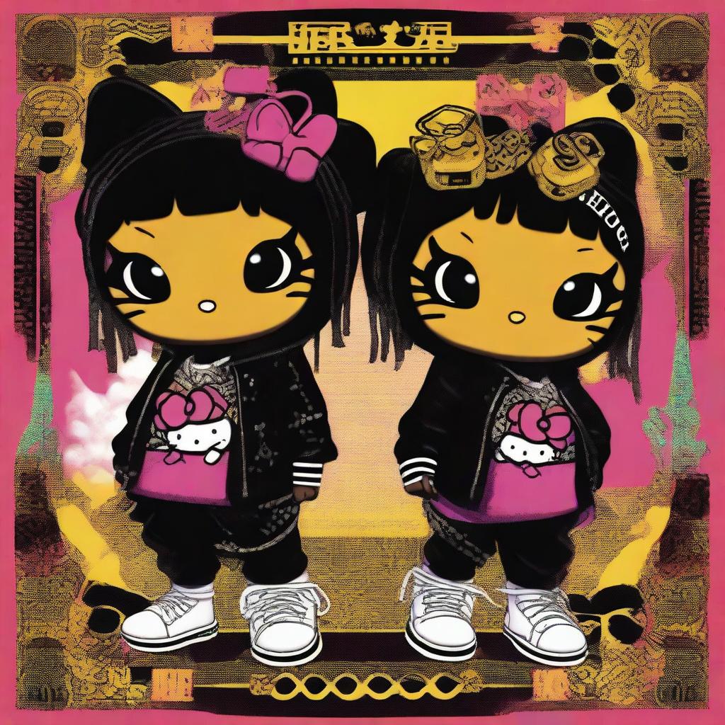 A provocative digital art image featuring Hello Kitty as Black hip hop Gemini twins