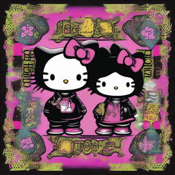 A provocative digital art image featuring Hello Kitty as Black hip hop Gemini twins