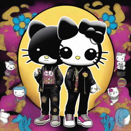 A provocative digital art image featuring Hello Kitty as Black hip hop Gemini twins