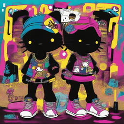 A provocative digital art image featuring Hello Kitty as Black hip hop Gemini twins