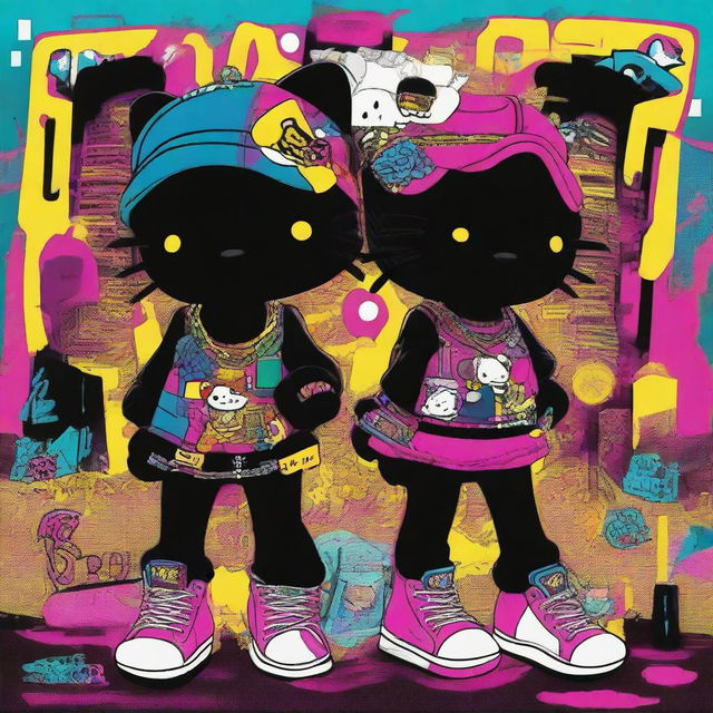 A provocative digital art image featuring Hello Kitty as Black hip hop Gemini twins