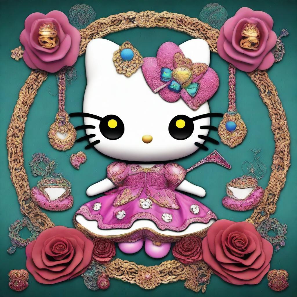 A provocative digital art image featuring Hello Kitty portrayed as Gemini twins