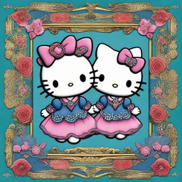 A provocative digital art image featuring Hello Kitty portrayed as Gemini twins