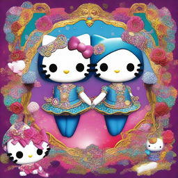 A provocative digital art image featuring Hello Kitty portrayed as Gemini twins